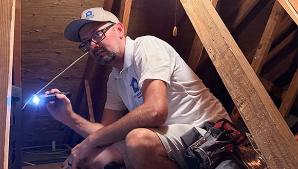 Joel Schupp, from Sharp Eye Inspections, inspecting the attic during a home inspection